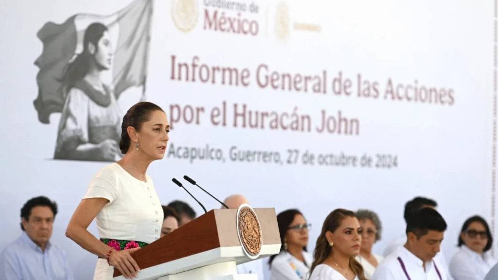 La presidenta Claudia Sheinbaum informa sobre los apoyos económicos destinados a los afectados por el huracán John en Guerrero y Oaxaca. 