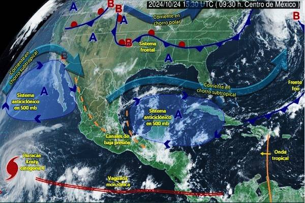 Fuertes lluvias en Tabasco, Chiapas y Q. Roo. Chubascos en occidente y sur. Frente frío con tolvaneras en Norte y Centro. Hasta 45° en Sonora y Sinaloa