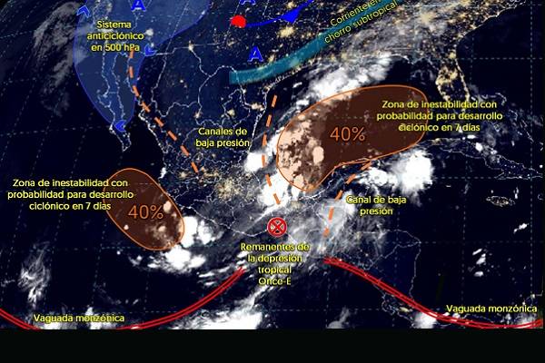 Alerta: Deslaves, encharcamientos e inundaciones. Lluvias por remanentes de Once-E, vaguada monzónica y humedades desde el Golfo de México y Océano Pacífico