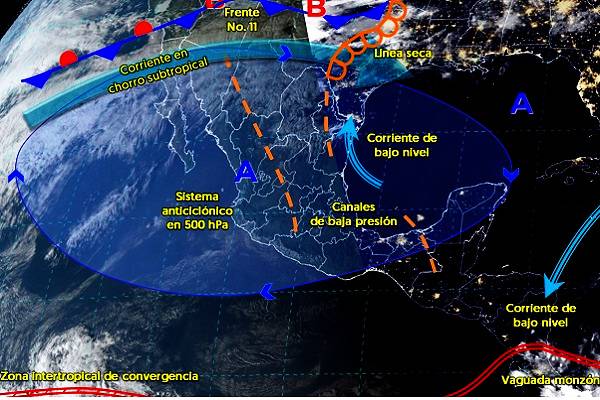 Frente frío No. 11 reforzado Masa de aire polar que lo impulsará cubrirá el noroeste, norte y noreste del país, Fuertes vientos con posibles tolvaneras