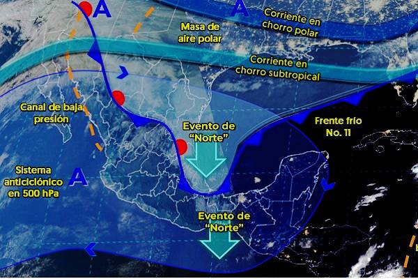 Frío con heladas en montañas: De -15 a -10 °C en Chihuahua y Durango. De -10 a -5 °C Hidalgo, Edomex, Tlaxcala y Puebla y -5 a 0 °C en sierras de 10 estados