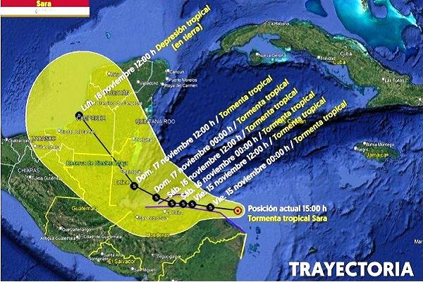 Lluvias de muy fuertes a intensas en Quintana Roo, Campeche, Yucatán, Tabasco y Chiapas, durante los próximos días, por efectos de la tormenta tropical Sara