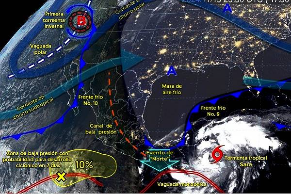 Frente frío 9 y tormenta tropical Sara originarán lluvias intensas en sureste y la península de Yucatán. Posibles trombas marinas en Quintana Roo