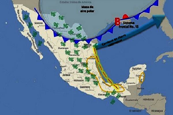 Lluvias muy fuertes en Hidalgo, Puebla, San Luis Potosí y Veracruz. Intenso frío al norte y noreste, tolvaneras. Rachas de 30 a 50 km/h en 11 estados