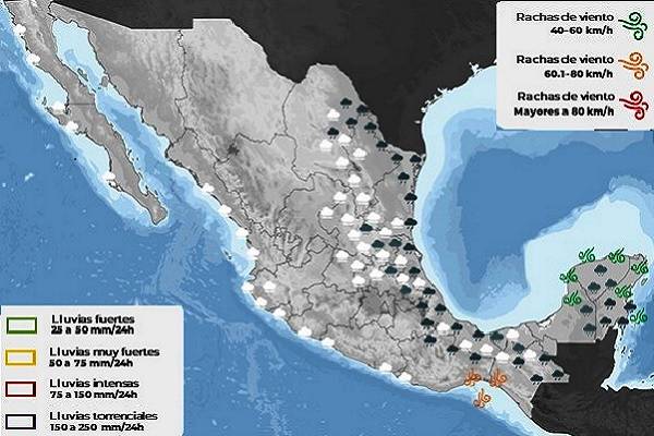 Heladas: Sierra Madre Orienta y Occidental, Valle de México, BC y Oaxaca. Lluvias fuertes en noreste, oriente y sureste. Al final del dia nuevo frente frío