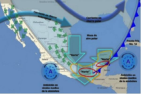 En Veracruz suspenden clases en los por evento norte en los 212 municipios, fuertes rachas de vientos de hasta 120 km/h. Heladas en las montañas