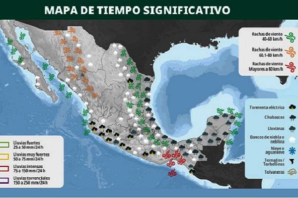 Frío con temperaturas mínimas de -10 a -5 °C y heladas en montañas de Chihuahua y Durango. Viento "Norte" con rachas de 70 a 90 km/h en Tehuantepec