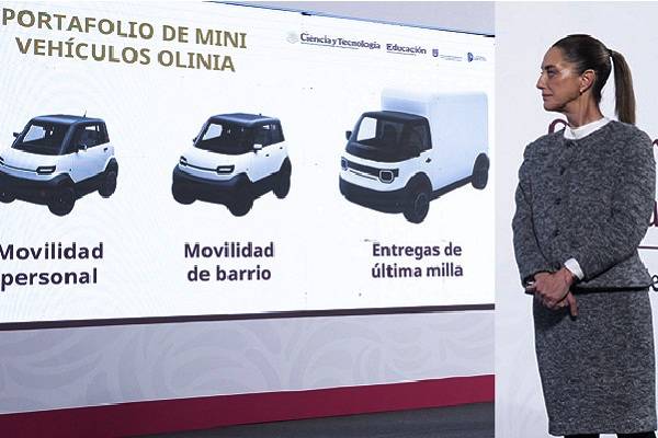 Sheinbaum: Olinia mini vehículo seguro, eléctrico. Componentes mexicanos, no emisión de gases. Gasto de operación menor al de un vehículo de gasolina