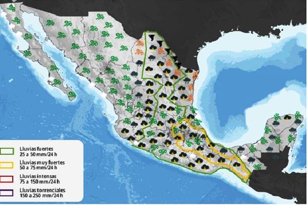 Caluroso. Lluvias noreste, oriente, centro, occidente, sur y sureste. Vientos muy fuertes posibles torbellinos en Coahuila, N. León y Tamaulipas