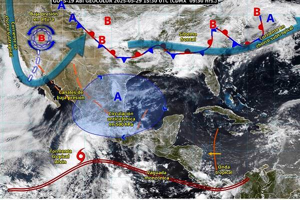 Depresión tropical Uno-E es tormenta Alvin en el océano Pacífico. Lluvias muy fuertes en Guerrero. Frente frío fuera de temporada por norte y noreste