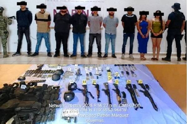 Salazar: 7 hombres y 2 mujeres detenidos en Guaymas. Aseguraron arsenal. Vehículo robado de policía de Los Ángeles con placas superpuestas de Sonora