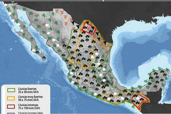 Caluroso en gran parte de México. Lluvias intensas en Michoacán, Guerrero, Oaxaca y Chiapas. Desarrollo ciclónico al sur de Oaxaca