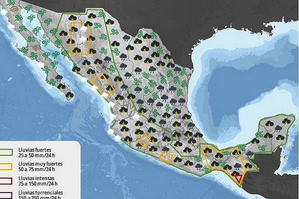 Fuertes lluvias en Jalisco, Guerrero, Oaxaca, Veracruz y Tabasco. Muy caluroso al norte, Pacífico, golfo de México y península de Yucatán