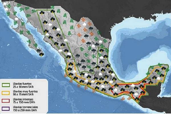 Se prevén lluvias muy fuertes, vientos fuertes y oleaje elevado en Jalisco, Colima, Michoacán y Guerrero. Fin de semana con tormentas