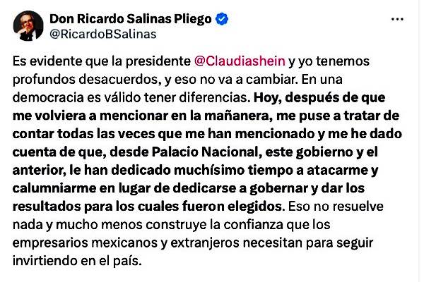 "…para que las empresas de mi grupo paguen lo que es justo y corresponde, ni más ni menos, de acuerdo con la ley", dice Salinas Pliego