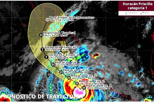 Priscila huracán categoría 1, a 325 kilómetros oeste-suroeste de Cabo Corrientes, Jalisco. Vientos sostenidos de 140 km/h y rachas de 170 km/h