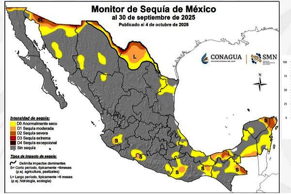 Sequía: Campeche: 51% , Coahuila 45% ,Chiapas: 43.1% , Guerrero: 19.3%, Oaxaca: 38.7% Quintana Roo: 74% con sequía anormalmente seco a severa
